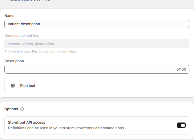 Variant description metafield